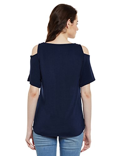 Image of Miss Chase Women's Black Cold Shoulder Round Neck Short Sleeved Solid Top