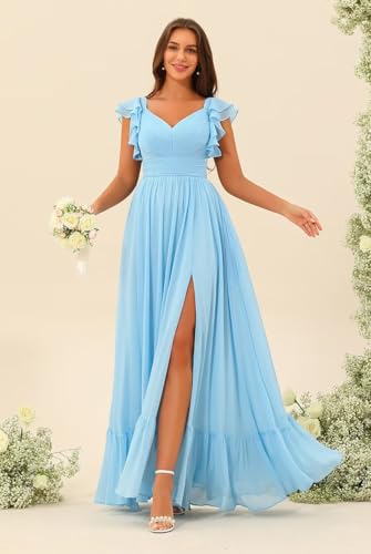 Clothfun Women's Ruffles Sleeves Bridesmaid Dresses Long A Line Chiffon Formal Party Dress with Pockets CY1373