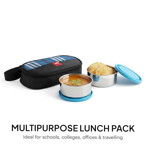 Image of CELLO MF Trent Lunch Box with Bag for Office Use, Blue | 300ml x 2 Stainless Steel Containers, Food Grade Light Weight Leak Proof Airtight Snap Lock Lid Tiffin Box Set for School Kids College & Travel