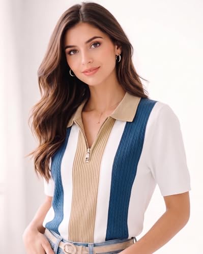 Image of AUSK Women's Casual Summer Polo Knit T-Shirt | Zip Collar Top | Half Sleeves | Ribbed Panel Design | Lightweight Comfort | Regular Fit