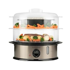 BLACK+DECKER BXST800E – Vaporiera 800W | Capacità 6,5L | Serbatoio Acqua 1L con Indicatore | 2 Vassoi Impilabili + Ciotola per Riso | Timer 60 min | Senza BPA | Lavabile in Lavastoviglie