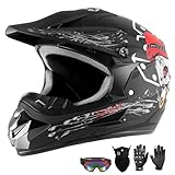 Youth Kids Dirt Bike Motocross Helmet (Goggles Gloves Face Mask) 4PCS Set, DOT Approved Full Face Motorcycle Helmets,ATV BMX MX Mountain Bike Off Road Kid Helmet (Black Skull，M)