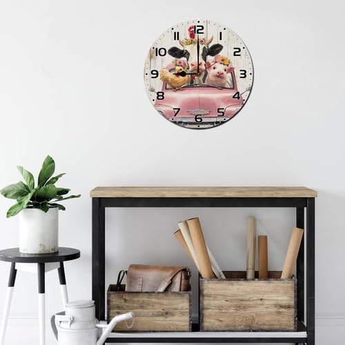 Geroclonup Horloge murale en bois de 25 cm, motif animal de la ferme, vache cochon et poulet, horloge murale numérique sans tic-tac, horloge ronde décorative pour la maison, la cuisine, le salon, le – vue 2