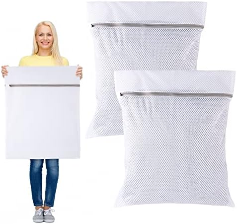 Large Mesh Laundry Bags,Reusable Durable Clothing Washing Bags with Zippered,Washing Machine Bag for Clothes,Hosiery,Underwear,Bra,Toys,Coverlet,Travel (2 PCS) (White)1