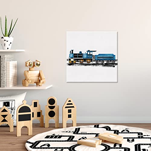 Watercolor Train Canvas Wall Art Transportation Steam Locomotive Painting Print Railroad Canvas Framed Artwork Nursery Wall Decor For Home Bedroom Kids Playroom 12X12 Inch (Blue) #TOP2