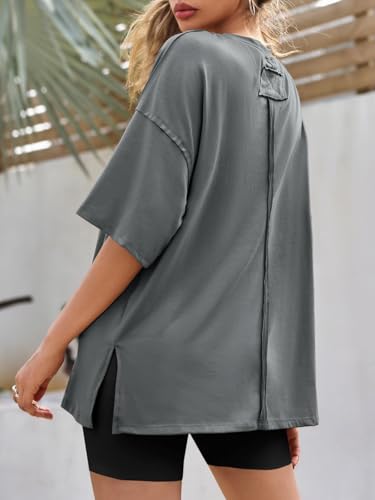 Image of Tankaneo Womens Oversized Tshirts Summer Casual Short Sleeve Crew Neck T Shirt Loose Fit Side Slit Tee Tops