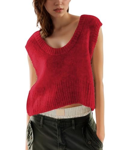 Gacaky Women Sleeveless Crop Knit Vest Casual Crew Neck Loose Fit Knit Lightweight Sweater Pullover Tops Fall Trendy Clothes