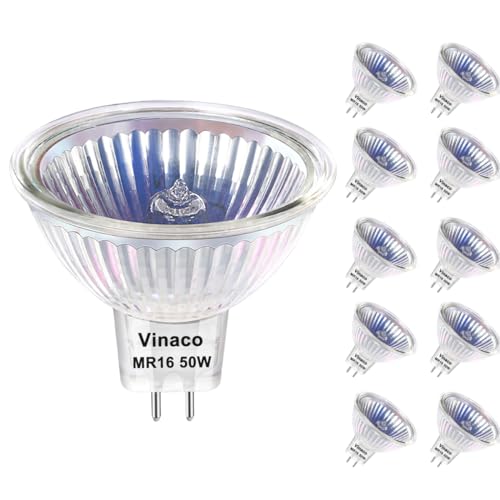 Vinaco MR16 Bulb10Pack MR16 Halogen Bulb 50W GU5.3 Base 800LM High Output MR16 12V 50W Halogen 2800K Warm White MR 16 Dimmable with Clear Glass Cover MR 16 GU5.3 for Landscape Track Lights