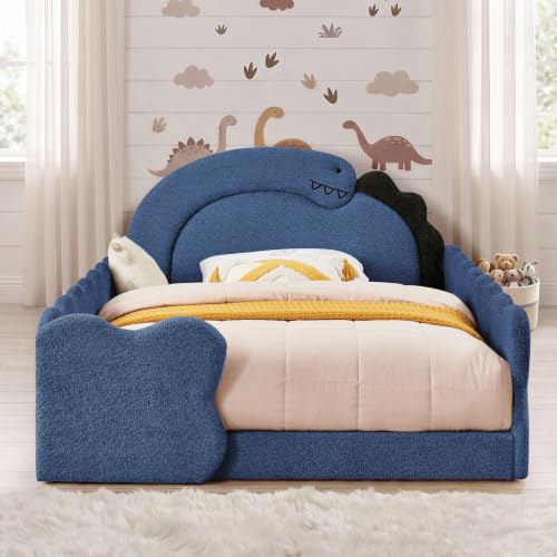 Image of Full Size Kids Bed with Dinosaur Headboard, Upholstered Boucle Fabric Twin Daybed with Slats Support & Side Pocket, Space-Saving Wooden Corner Sofa Couch Day Bed Frame for Girl, Boy, Teenager(Blue)