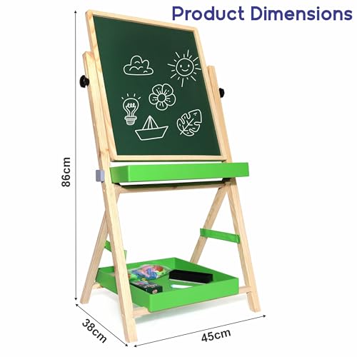 Image of Chanak 2-in-1 Wooden Easel Board for Kids - Magnetic Whiteboard & Chalkboard, Adjustable Height, with Alphabets, Numbers, Marker, Chalks, Duster, Storage Trays, Safe Non-Toxic for Ages 3+