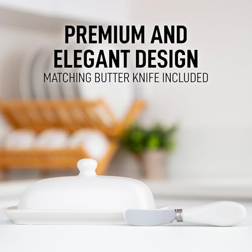 Image of Zulay Kitchen Ceramic Butter Dish with Lid For Countertop & Stainless Steel Knife - Keeps Butter Soft & Fresh - White Butter Dish with Easy-Grip Knob, Durable & Everyday Butter Holder for Home - White