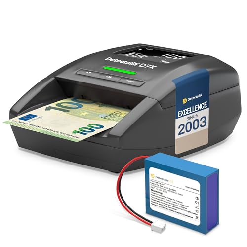 Detector de billetes falsos con 100% detección para 6 divisas EUR, GBP, CHF, PLN, CZK y SEK - 14 x 12 x 6 cm + Detectalia B1 - Batería de litio universal para detectores de billetes