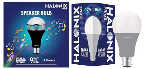 Image of Halonix B22D 9-Watt LED Bluetooth Speaker Music Bulb (White and Yellow Light). No Cable-No Charging & Halonix Radar 10W B22 Cool day white Motion Sensor Led Bulb, Auto on-Auto off, Pack of 1, White