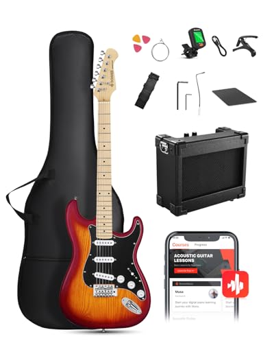 Image of DONNER DST-80 Electric Guitar 39 inch Beginner Electric Guitar Kit with Amp, Classic SSS Pickup Complete with Gig Bag, Tuner, Capo, Strap, Picks, and Free Online Lessons, CherryBurst