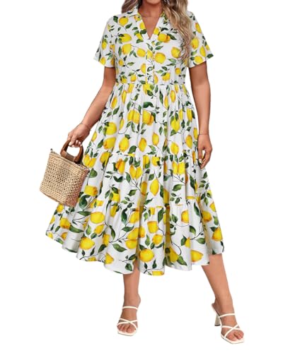 Image of CARCOS Plus Size Dresses for Curvy Women Collared Vneck Short Sleeve Dresses Midi Summer Ruffle Dress with Pocket XL-5XL