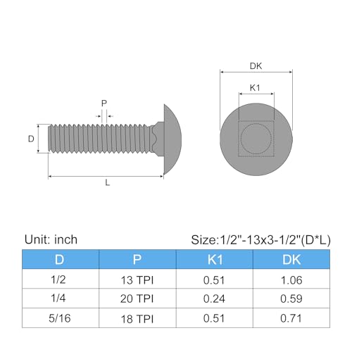 Image of uxcell 1 /2-13x3-1 /2 Carriage Bolt, 4pcs Round Head Square Neck Screws, 304 Stainless Steel, Fully Threaded, Silver
