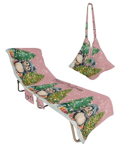 Pink Penguin Christmas Beach Lounge Chair Towel Cover, Soft Chaise Lounge Towel with Side Pockets Patio Pool Chairs Cover for Beach/Pool Sunbathing 29x85 Xmas Tree Winter Snowflake
