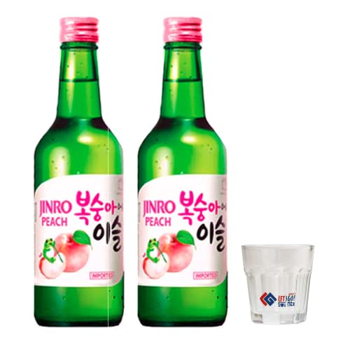 Jinro Chamisul Peach Soju 350ml Twin Pack + Soju Glass | Korean Peach Flavour Soju Drink | Smooth & Refreshing Korean Spirit For Parties BBQ & Picnic | 13% Alc./Vol