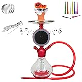 Husic Little Mike 14' Hookah Set with Bluetooth LED Speaker – Portable Hookah Kit with Vase, Hose, Bowl, Tongs & Accessories – Travel Size, Red