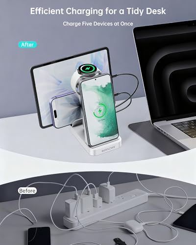 Image of Wireless Charger for Samsung: 5 in 1 Samsung Wireless Charging Station for Galaxy S26Ultra /S25 /S24, Charger Dock Stand for Galaxy Watch8 /7 /6 /5, Android Charging Station for All USB-C Buds, White