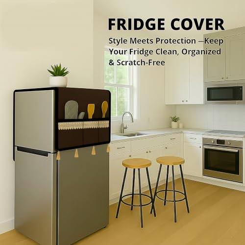 Image of Refrigerator Single Door Waterproof, Dustproof, Tassel Lace Refrigerator Top Cover, Protective Cover for Fridges with Extra Storage Space Nylon Top cover with 6 Storage Pockets ( Coffee, 130 x 54 cm )