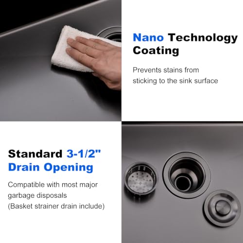 Image of 28 Inch Undermount Kitchen Sink Black, 28x18 Under Mount Gunmetal Black Stainless Steel 16 Gauge 9 Inch Deep Single Bowl Kitchen Sink with Strainer