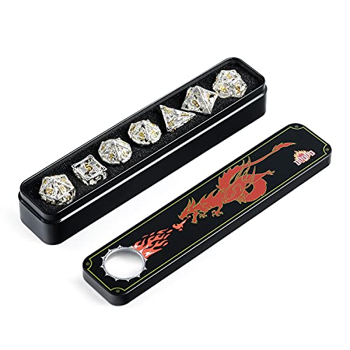 DNDND-Dragon-Metal-Dice-Set-DD-7-PCS-Hollow-Die-with-Metal-Gift-Case-for-DND-Dungeons-and-Dragon-Game-Silver-with-Gold-Number