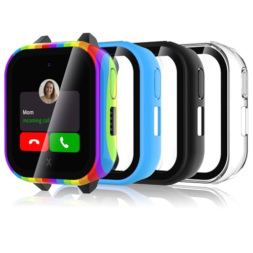 Simpeak 4-Stück Schutzhülle Kompatibel mit Xplora X GO3/Kidzi PC Harte Hülle Kratzfest Gehäuse mit Gehärtetem Displayschutz Anti-Fall Schutz Zubehör Transparent Schwarz Blau Regenbogen