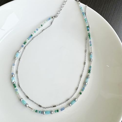 Beaded Necklace for Women Trendy, Boho Beaded Glass Silver Mixed Strand Short Necklace for Women Stacking layered necklaces Summer Beach Jewelry2