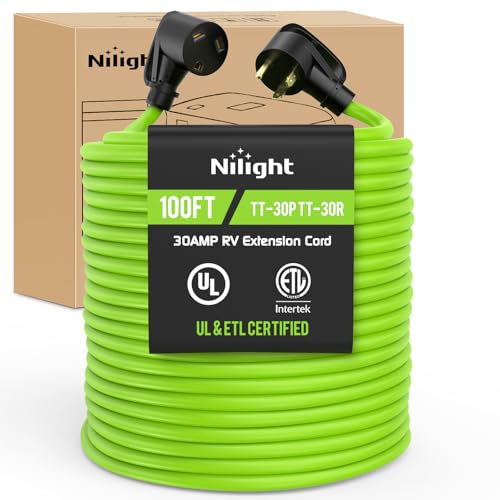Image of Nilight 100FT 30 Amp RV Extension Cord 125V Heavy Duty 10 /3 Gauge Pure Copper STW Wire UL ETL Listed 3 Prong TT-30P TT-30R Weatherproof Suit for Camper Caravan Trailer Bright Green