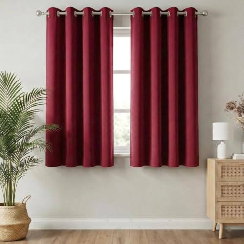 Image of 100% Blackout Window Curtains, 5 Feet, Solid Design, Faux Silk, Thermal Insulated, Noise Reducing Eyelet Door Curtain with Tie Back for Living Room & Bedroom, 115x150cm, Pack of 2 - Maroon
