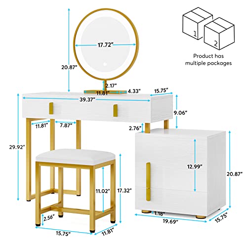 Tribesigns Vanity Desk With 3-Color Touch Screen Lighted Mirror, Makeup Vanity Table Set With Cabinet And 3 Drawers, Dressing Table With Cushioned Stool For Women, Girls, Bedroom (White And Gold) #TOP6