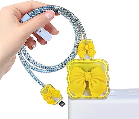 CASENED Clear Case for Apple 20W iPhone USB-C Power Adapter Charger and USB Lightning Cable Protector | 3D Bow Tie Wave Design Soft Phone Charging Protective Case (Yellow)
