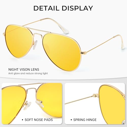 KALIYADI Aviator Night-Vision Glasses Night-Driving-Glasses-for-Men: Womens Anti Glare HD Lens, 3 PACK(Night Vision, 62mm)4