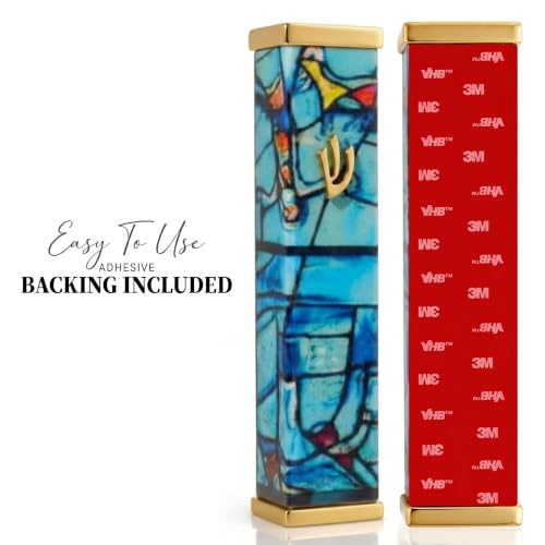 Image of SURI Mezuzah with Scroll for Door | 6 Inch Modern Aluminum Mezuzah Case | Fits 5 Inch Scroll | Gold & Silver Chagall-Inspired Design | Self Adhesive Easy Install | Judaica Jewish Gift