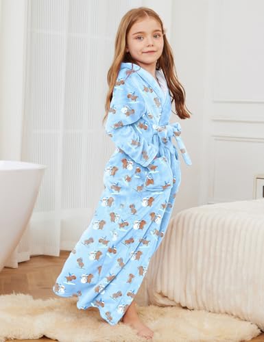 Image of Jxstar Girls Bathrobes Kids Long Hooded Robes Plush Full Length Coral Fleece Pajamas Sleepwear