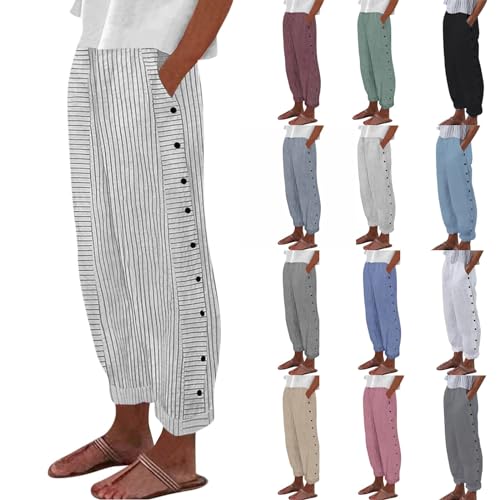 Summer Pants for Women Striped Printed Side Button Pants Baggy Elastic Waist Straight Leg Trousers with Pocket