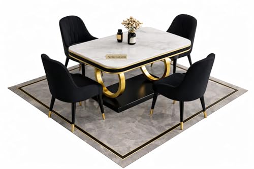 Image of Ring Dining Table Set 4 Seater Marble Finish Dining Table Set with Gold Metal Base & Cushioned Chairs - 2yr Warranty - Modern Dining Table for Home & Kitchen (54 x 36 x 30 Inch) (Black)
