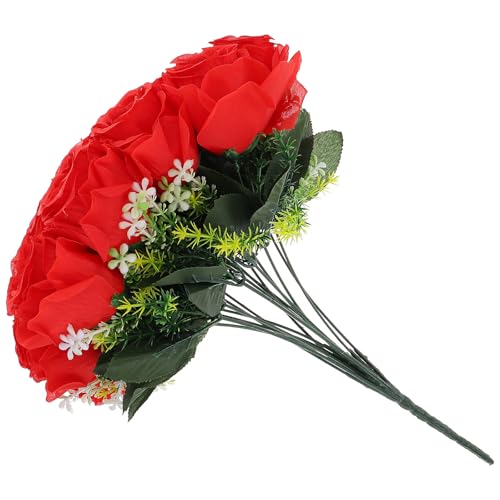 NUOBESTY Bouquet di Fiori Artificiali Rossi per Cimitero 18 Teste, Composizione Floreale Finta Resistente All’esterno, Decorazione Commemorativa per Tombe e Cerimonie Funebri
