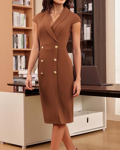Image of GRACE KARIN Women Work Bodycon Dresses 2026,Business Office Midi Cap Sleeve Button Pencil Formal Outfits with Pockets