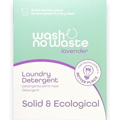 Wash no Waste - Tiras de Detergente para lavadora 64 lavados . Hipoalergénico y Biodegradable. Efecto suavizante. Gran poder de limpieza. Vegano y Cruelty Free. Libre de plásticos. … Lavanda