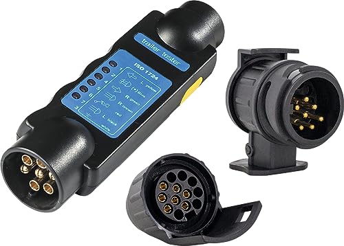 as - Schwabe Dispositivo di prova per rimorchio con spina a 7 poli + frizione – con adattatore da 13 poli a 7 poli e 7 poli su 13 poli – Dispositivo di prova rimorchio roulotte – Alimentazione