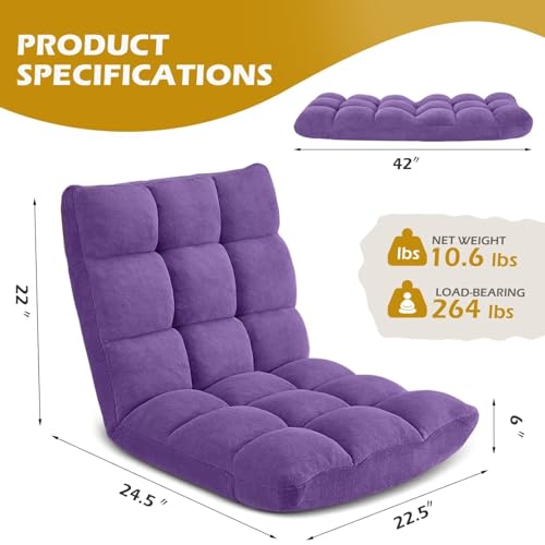 Image of Folding Floor Gaming Chair, Adjustable 14-Position Backrest, 6-Inch Thick Flannel and Skin-Friendly Cotton Sponge, Breathable, Ideal for Gaming, Meditating, Sleeping, Purple