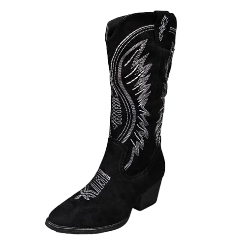 Image of Women's Western Cowboy Boots - Embroidered Ankle Booties with Chunky Block Heel, Side Zipper Suede Cowgirl Boots for Country Concert