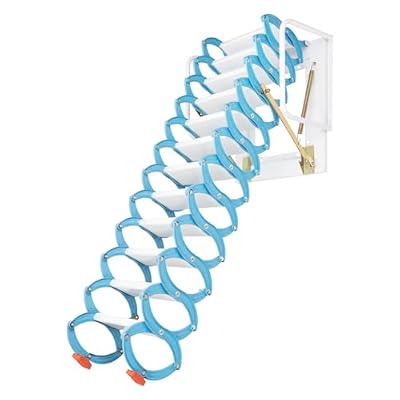 Pull Down Attic Ladder, 12 Steps Folding Retractable Loft Ladder with Armrests, Wall-Mounted Scissor Attic Ladder for Garages Roofs Basements, Load Capacity 881.85lbs (Blue)