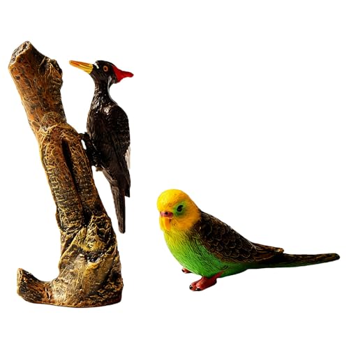 Acxico 2PC Hand-Painted Mini Woodpecker Statues – Realistic PVC Model, Rich Color Patterns, No Power for Garden Office Bonsai Rockery Decor