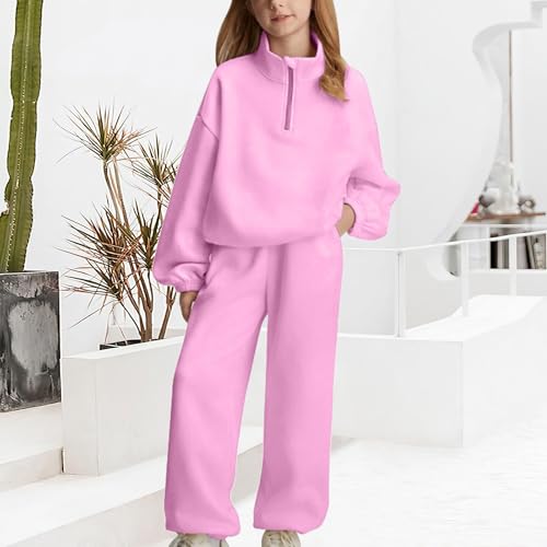 Girls Half Zipper Sweatshirts Set Plain Fleece 2 Piece Baggy Sweatpants Pullover Tops Sweatsuits (Pink, 11-12 Years)3