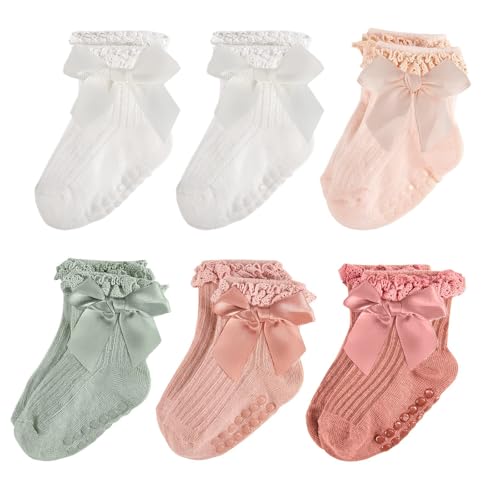 LGFKJNNJ Baby Girl Ruffle Ankle Socks with Bows Soft Toddler Girl Ruffle Socks for Infant Girl Non-Slip Socks for Baby Girl Toddler Girl Ankle Socks for 0-3 Years