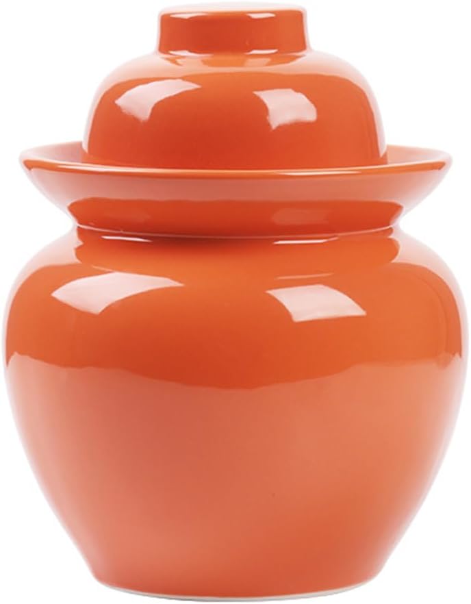 Traditional Chinese Porcelain Pickle Jar,Natural Ceramics Fermentation Crock Pickling Pot,Fermenting Jar with Water Seal Airlock Lid Stoneware Fermenter for Kimchi Orange-1.75Kg