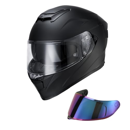 XFMT Motorcycle Helmets Dual Visor Full Face Helmet with Internal Tinted Sunshield DOT Approved for Adult Men & Women, Matte Black Large